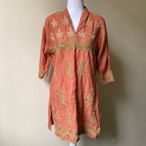 Vintage Heavily Embroidered Ethnic Indian Linen Tunic Blouse Top Floral